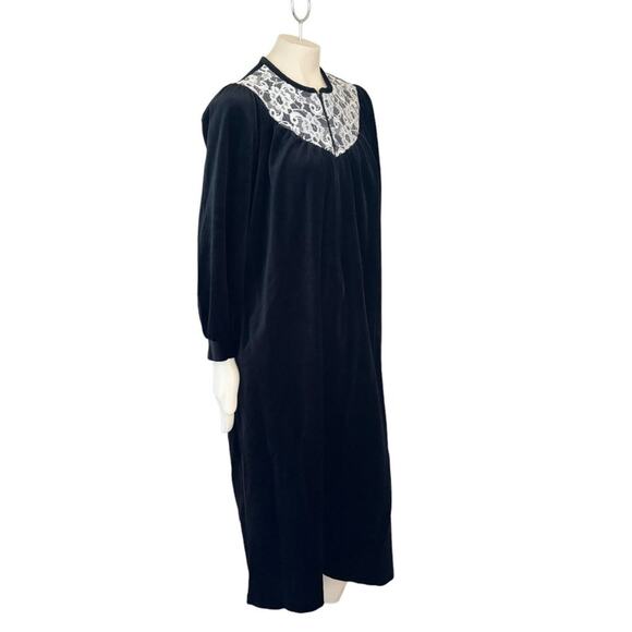 VTG ANNE LESLIE Floral Lace Bib Black Velvet Half Zip Full Length Robe SZ XL - Picture 5 of 11